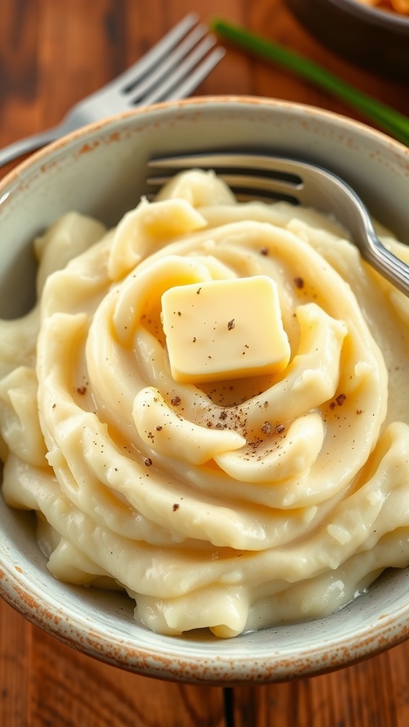 Creamy mashed potatoes in a rustic bowl with butter on top, garnished with black pepper and chives.